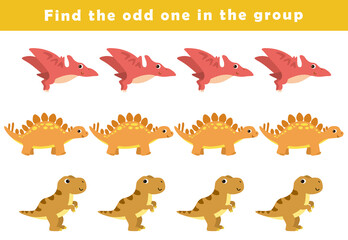 Find the odd one out for toddlers. Spot the difference for kids. Educational quiz worksheet with cute dino illustration. Logical activity for children.
