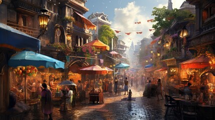 Fototapeta na wymiar A realistic digital representation of a bustling street market with vendors, colorful umbrellas, and a lively atmosphere, creating a vibrant and culturally rich background