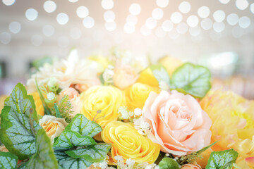 Close up beautiful colorful rose and flowers on vase in soft focus concept.