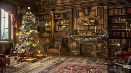 Christmas setting with an armchair by the fireplace and a bookcase close to a Christmas tree decorated with garlands and gifts in red boxes, Generative AI illustration