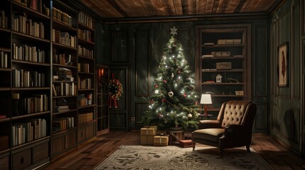 Fototapeta na wymiar Christmas setting with an armchair by the fireplace and a bookcase close to a Christmas tree decorated with garlands and gifts in red boxes, Generative AI illustration