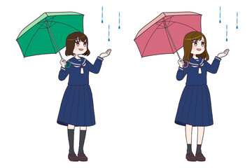 傘を差すセーラー服の女の子セット