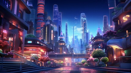 A realistic digital representation of a bustling cityscape at night, with illuminated skyscrapers and vibrant streets, offering an urban and dynamic background