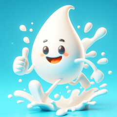 3D funny cartoon milk drop with splashes isolated on background. Healthy food and drinks. AI generated