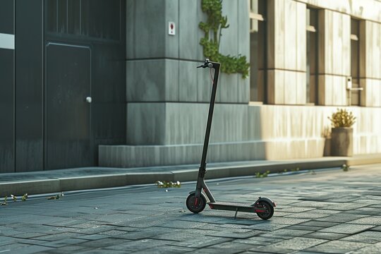 Modern urban environment presented in photorealistic detail, emphasizing the implementation of a ban on electric scooters with deserted pathways