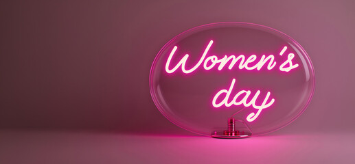 Neon sign celebrating Women's Day glowing within a transparent bubble against a magenta backdrop