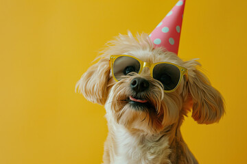 a dog wearing a party hat and sunglasses on yellow background. happy Birthday concept for party, celebration. funny pet for design, invitation, greeting card, poster, banner