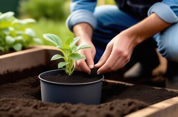 a farmer plants a seedling from a pot in the garden -