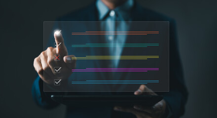 Businessman tick correct sign mark in checkbox for quality document control checklist. Filling out...