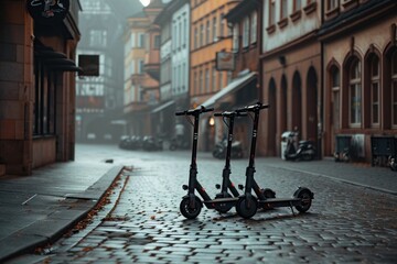 Photorealistic scene depicting a ban on electric scooters, showcasing empty streets devoid of scooter activity - - obrazy, fototapety, plakaty