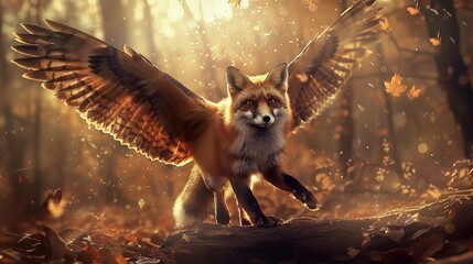 Fox with owl wings - obrazy, fototapety, plakaty