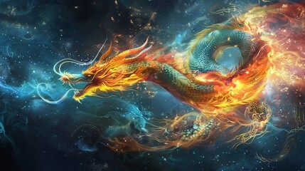 Elemental spirit Conceive a fire breathing dragon merging with a sea serpent embodying the power of dragon - obrazy, fototapety, plakaty