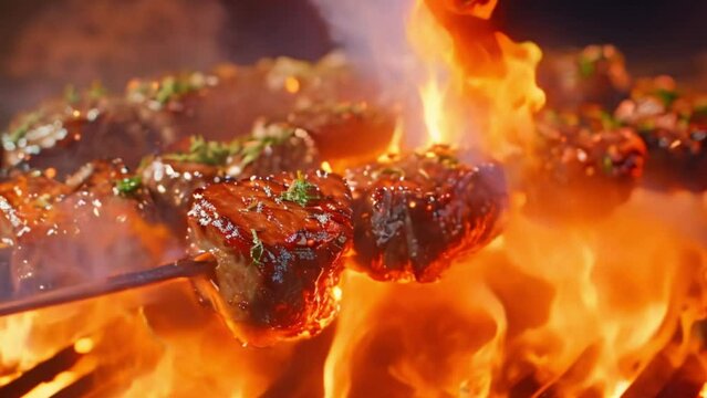 Delicious skewers with meat. video 4k