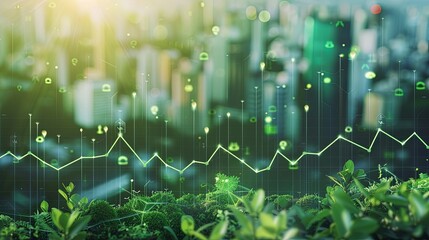 A conceptual visualization of eco-innovation with green data points rising from urban flora against a backdrop of a cityscape. Eco-Innovation and Growth in the Urban Jungle

 - obrazy, fototapety, plakaty
