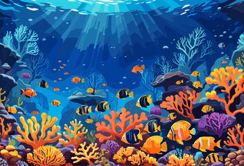 Obraz na płótnie Canvas Underwater vector background. Life at sea or ocean bottom. Exotic undersea world with coral reef, colorful fish, cute underwater creatures. Marine landscape, seascape.