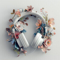 floral audio headphones on white background, muted colors, organic forms