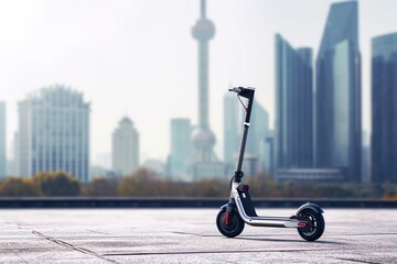 Stationary photorealistic image of an electric scooter adding a modern touch to the city backdrop