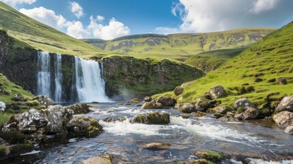 A serene landscape with a cascading waterfall