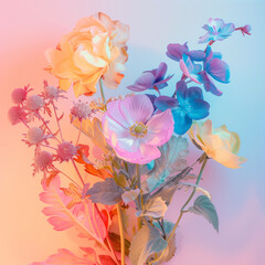 Flowers in pastel style on blue background