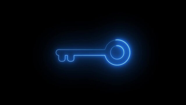 Glowing neon line Key icon isolated on black background. Hyperrealist animated Neon key in trendy stylish colors.