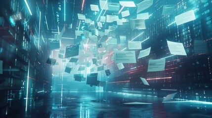 A futuristic digital landscape filled with floating online documents - obrazy, fototapety, plakaty