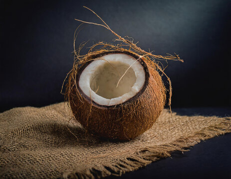 Fresh coconut on eco fabric, product photography, black background, restaurant, studio