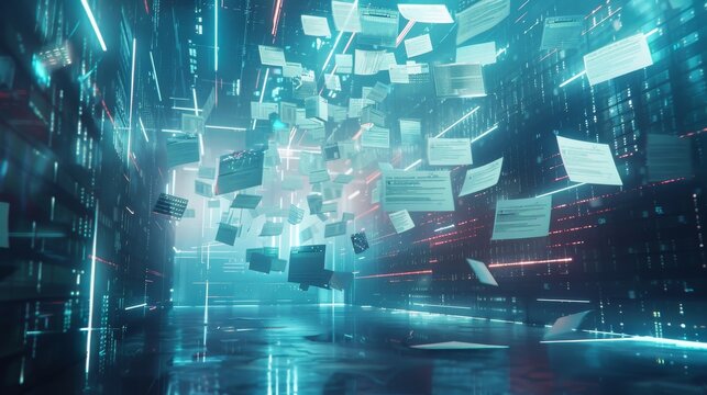 A futuristic digital landscape filled with floating online documents