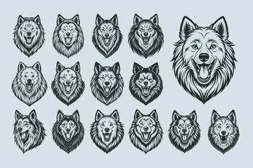 Collection of barking Samoyed dog head illustration design - obrazy, fototapety, plakaty