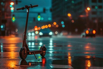 Streetscape highlighting a motionless electric scooter on the city road