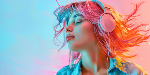 hipster funky woman with headphones smiling while listening music standing against on color background with copy space
