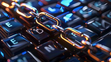 A data breach compromising customer trust and loyalty chain on computer keyboard - obrazy, fototapety, plakaty