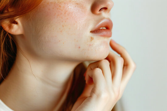 Woman with unclean skin on her face close-up on a light background