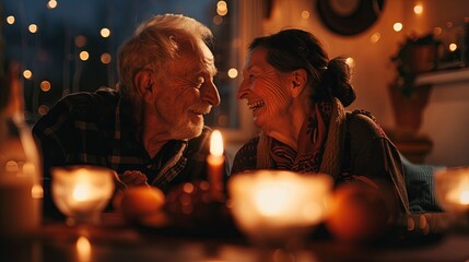 An affectionate elderly couple shares a tender moment, smiling at each other by candlelight in a cozy home setting, reflecting a lifetime of love.
