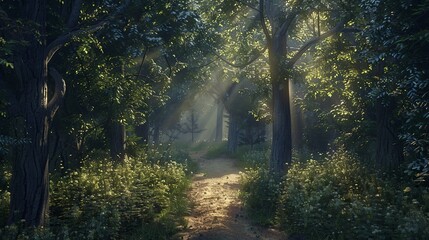 A serene forest path is bathed in ethereal sunlight filtering through the dense foliage, creating a mystical atmosphere amidst the flourishing greenery.

