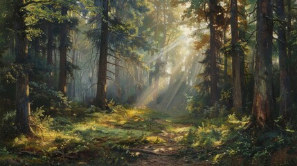 A tranquil forest scene with rays of sunlight filtering through the trees