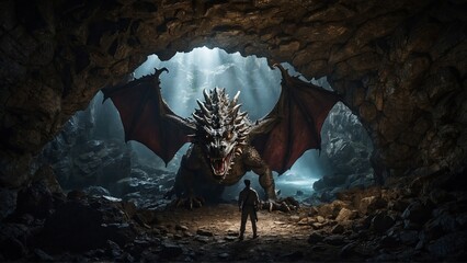 A dragon in a cave in front of a man