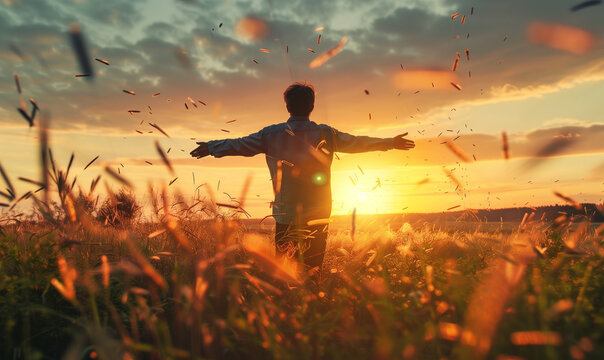 man standing. carefree freedom, confident looking at the end of skyline in the grass field meadow landscape summertime sunset moment nature background