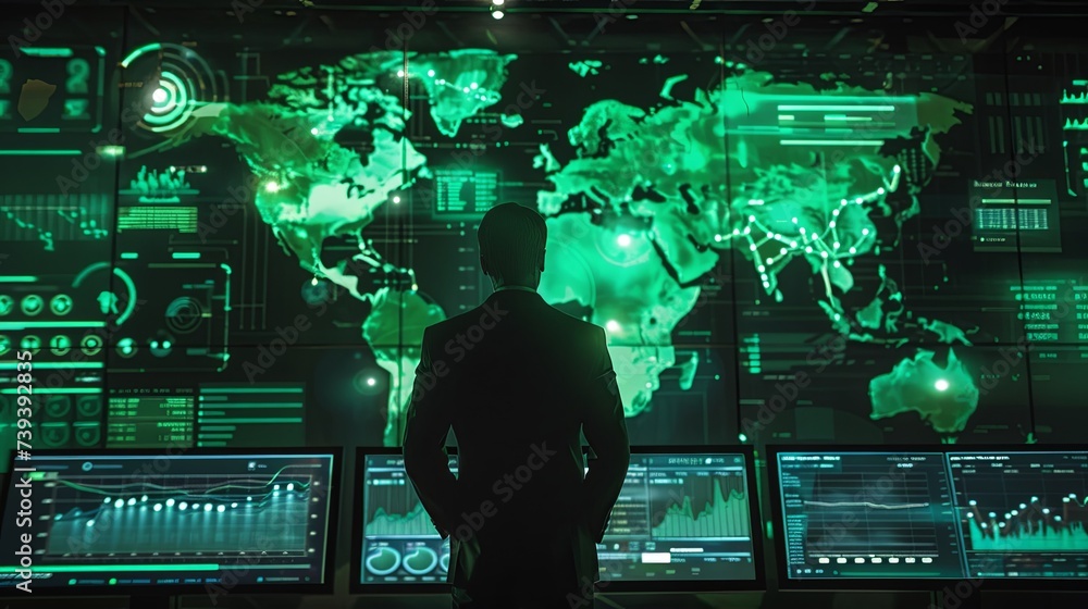 Poster silhouette of a businessman standing in front of large screens displaying global network data and an
