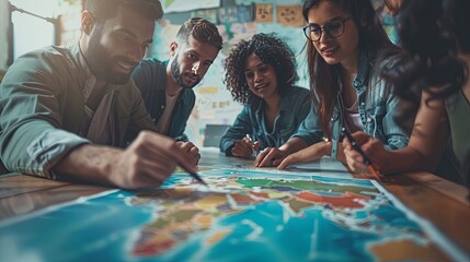 A diverse group of friends gathered around a world map, excitedly planning their next travel adventure together.  Group of Friends Planning Trip with World Map


