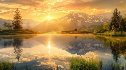 The tranquil beauty of a serene lake captured at golden hour, with the warm glow of the sun reflecting off the water and illuminating the surrounding hills.
Serene Lake Landscape at Golden Hour
