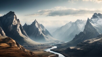 A unique and diverse mountain range, with huge cliffs and rivers, depicted in a stylized and...