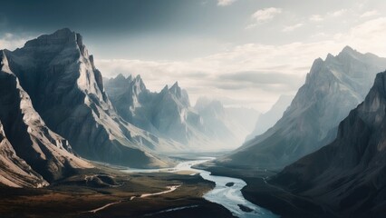 A unique and diverse mountain range, with huge cliffs and rivers, depicted in a stylized and...