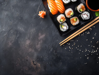 variety of Japanese Sushi, almost dark background, top view