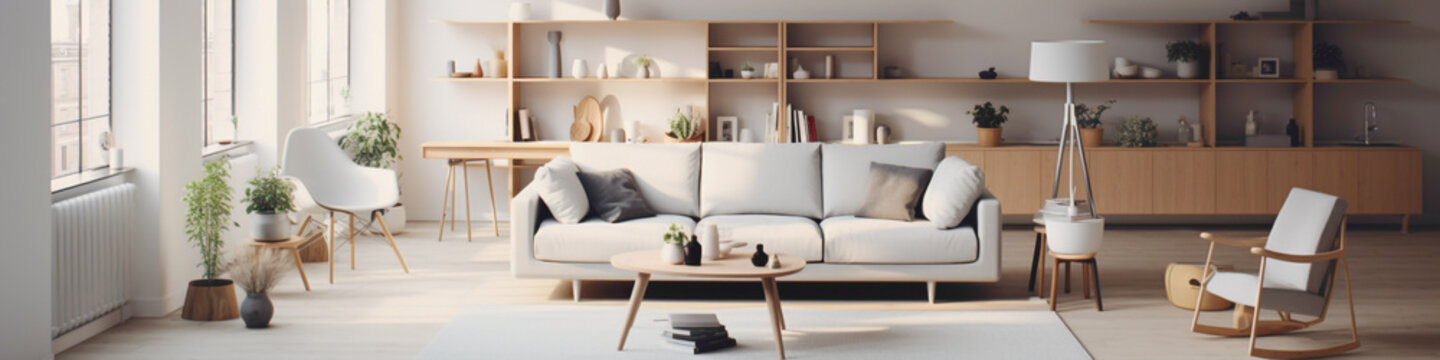 A modern Scandinavian living space with a focus on functionality and simplicity, featuring multifunctional furniture and clever storage solutions.