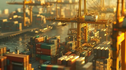 A detailed view of a shipping port with cargo containers and cranes, illustrating the interconnected global workforce and the significance of labor in trade and commerce, in vibrant