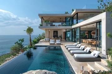 Foto op Canvas Relax in luxury at a seaside resort, with a stunning pool, expansive ocean view, and lush plants surrounding the elegant building © Larisa AI