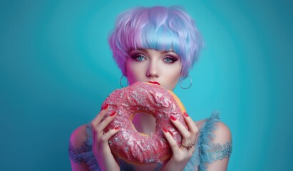 Woman with Pink and Blue Hair Eating Glittery Donut