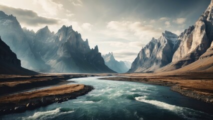 A unique and diverse mountain range, with huge cliffs and rivers, depicted in a stylized and abstract manner - obrazy, fototapety, plakaty