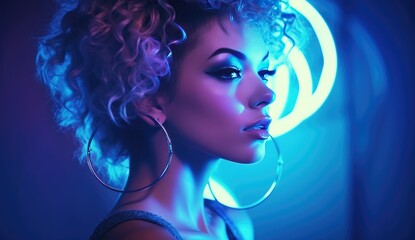 Neon Glow Portrait of Curly-Haired Woman with Hoop Earrings