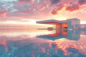 A majestic house sits upon a tranquil lake, its reflection mirroring the vibrant colors of the sky at sunrise and the soft glow of dusk, creating a serene and picturesque landscape - obrazy, fototapety, plakaty